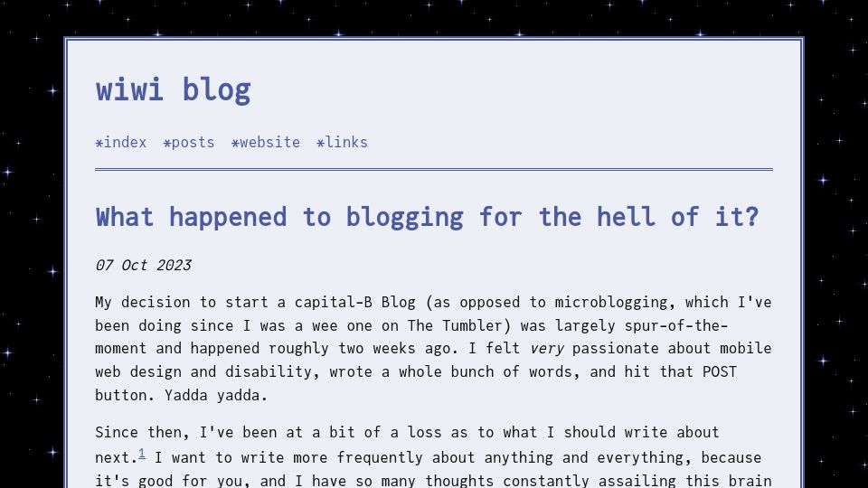 Screenshot of blog.whiona.me: What happened to blogging for the hell of it?