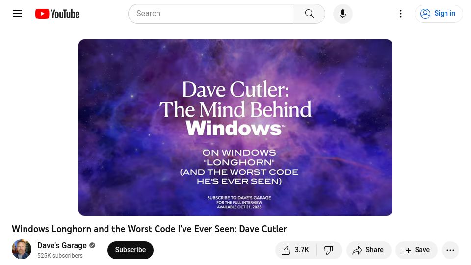 Screenshot of youtube.com: Windows Longhorn and the Worst Code I've Ever Seen: Dave Cutler [video]