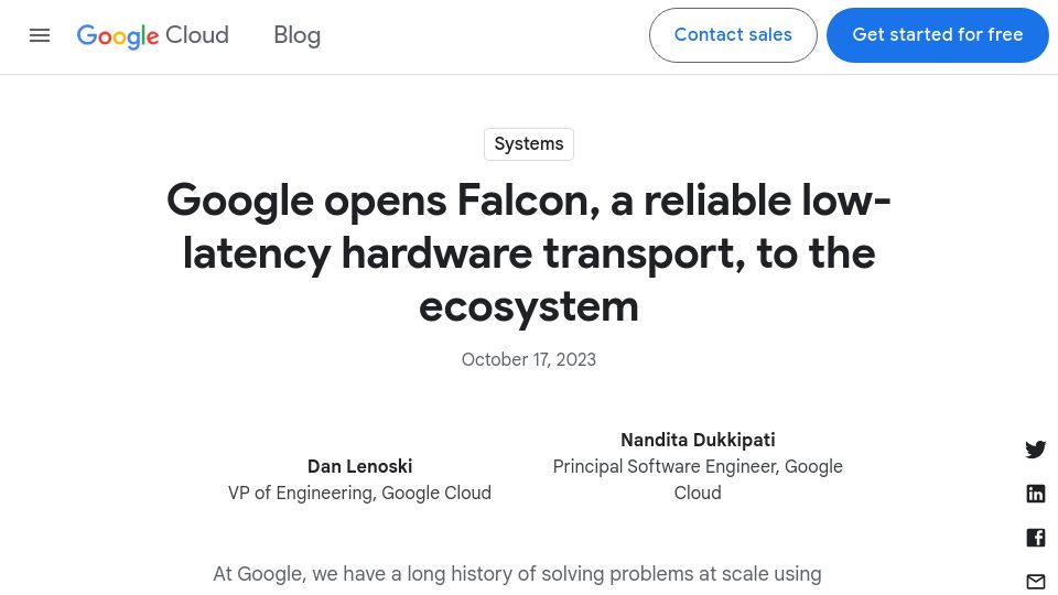 Screenshot of cloud.google.com: Google opens Falcon, a reliable low-latency hardware transport, to the ecosystem