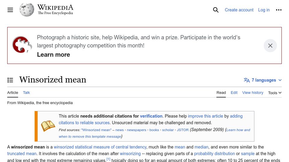 Screenshot of en.wikipedia.org: Winsorized mean