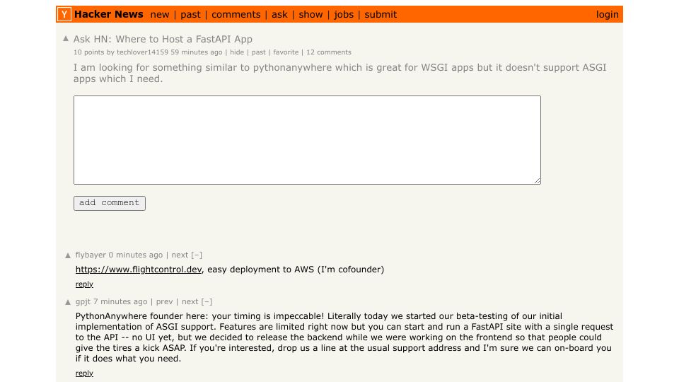 Screenshot of Hacker News post: Ask HN: Where to Host a FastAPI App