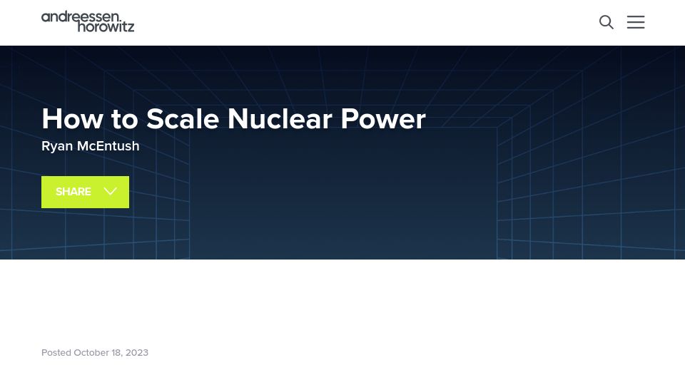 Screenshot of a16z.com: How to scale nuclear power