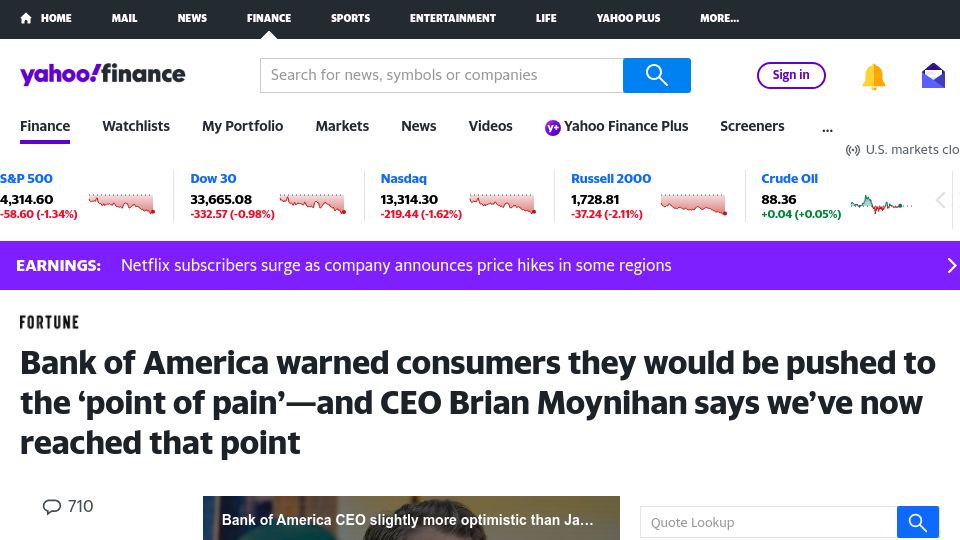 Screenshot of finance.yahoo.com: Bank of America warned consumers they would be pushed to the 'point of pain'