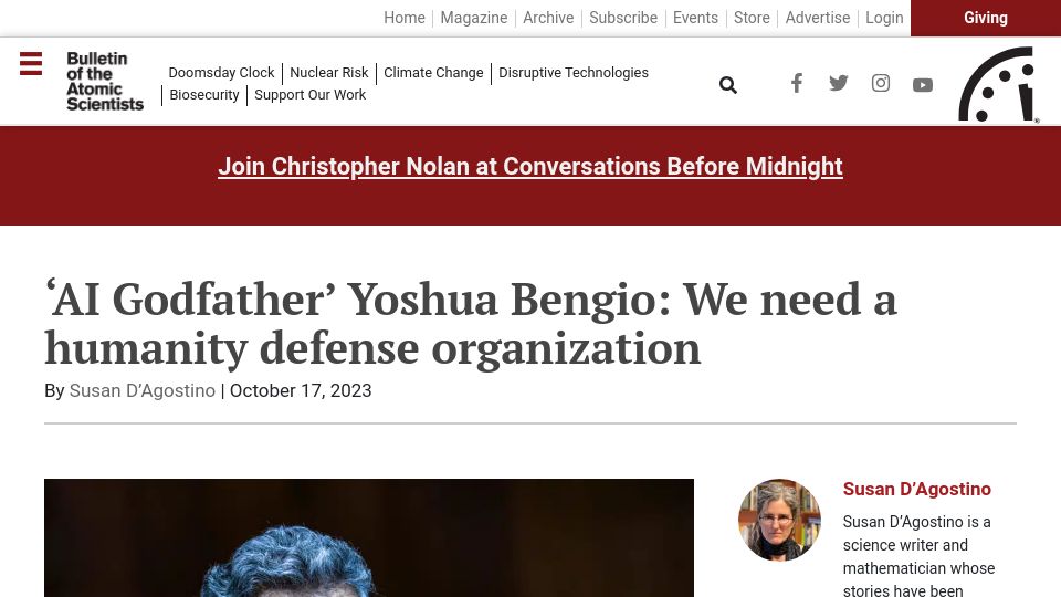 Screenshot of thebulletin.org: Yoshua Bengio: We need a humanity defense organization