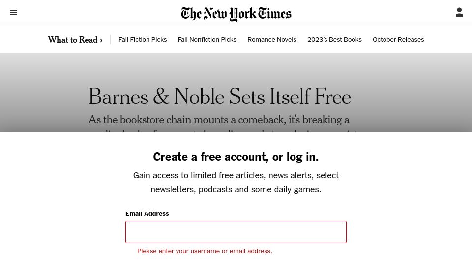 Screenshot of nytimes.com: Barnes and Noble Sets Itself Free