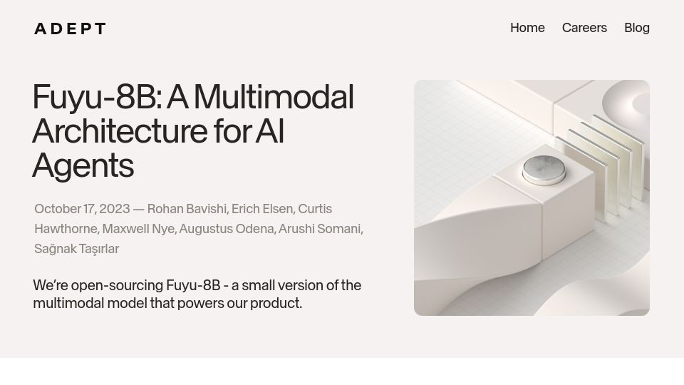 Screenshot of adept.ai: Fuyu-8B: A multimodal architecture for AI agents