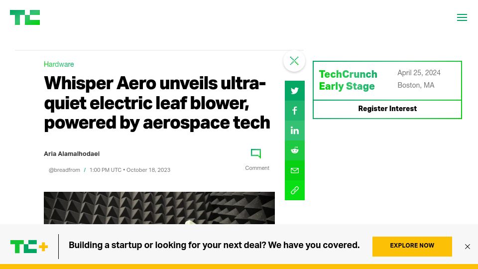 Screenshot of techcrunch.com: An ultra-quiet electric leaf blower