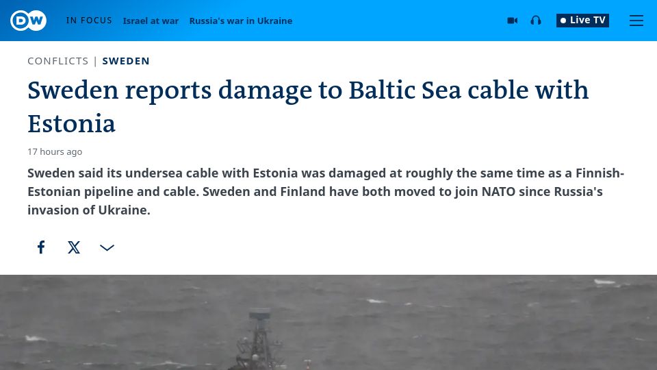 Screenshot of dw.com: Sweden reports damage to Baltic Sea cable with Estonia