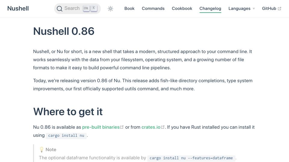 Screenshot of nushell.sh: Nushell 0.86