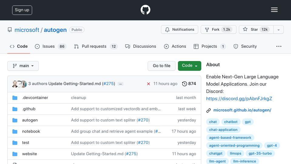 Screenshot of github.com: Autogen: Enable next-gen large language model applications