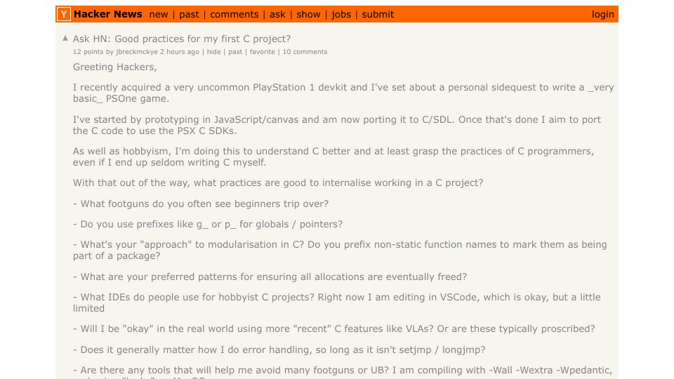 Screenshot of Hacker News post: Ask HN: Good practices for my first C project?