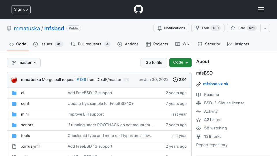 Screenshot of github.com: MfsBSD: ISO file that create a working minimal installation of FreeBSD