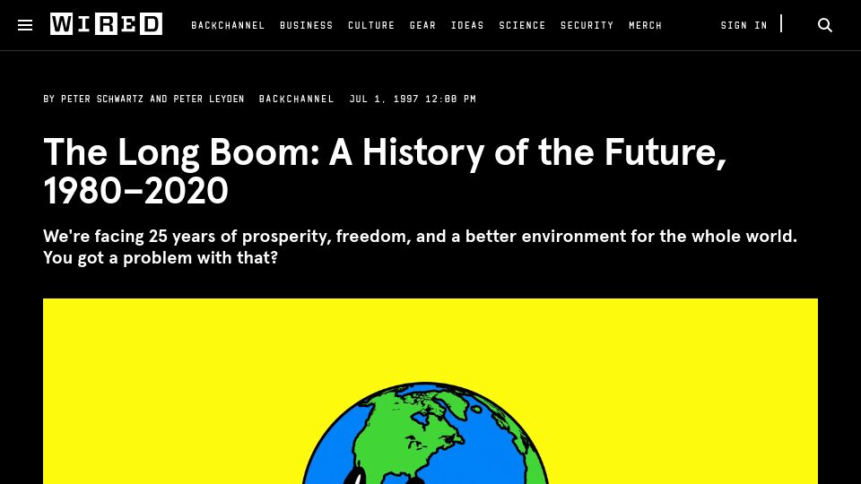 Screenshot of wired.com: The Long Boom: A History of the Future, 1980–2020 (1997)