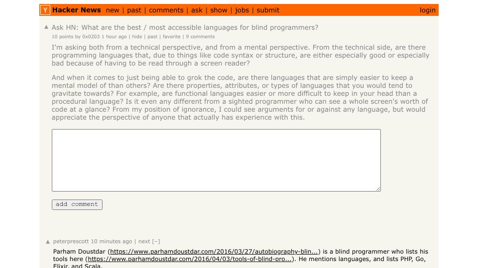 Screenshot of Hacker News post: Ask HN: What are the best / most accessible languages for blind programmers?