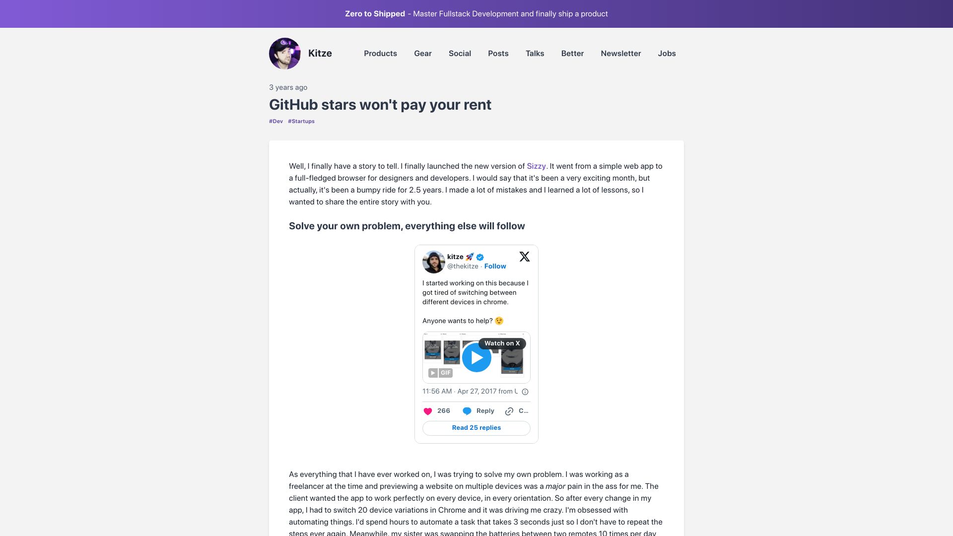 Screenshot of kitze.io: GitHub stars won't pay your rent (2020)