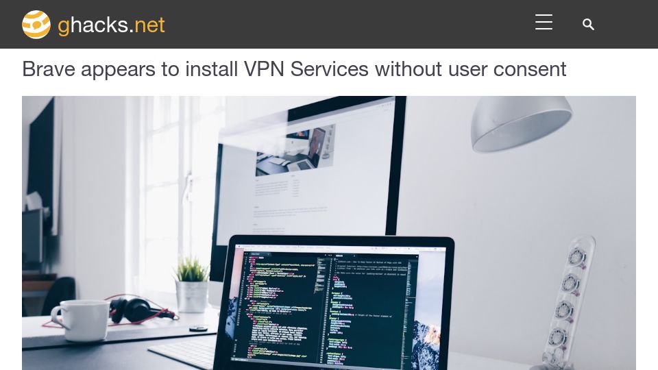Screenshot of ghacks.net: Brave appears to install VPN Services without user consent
