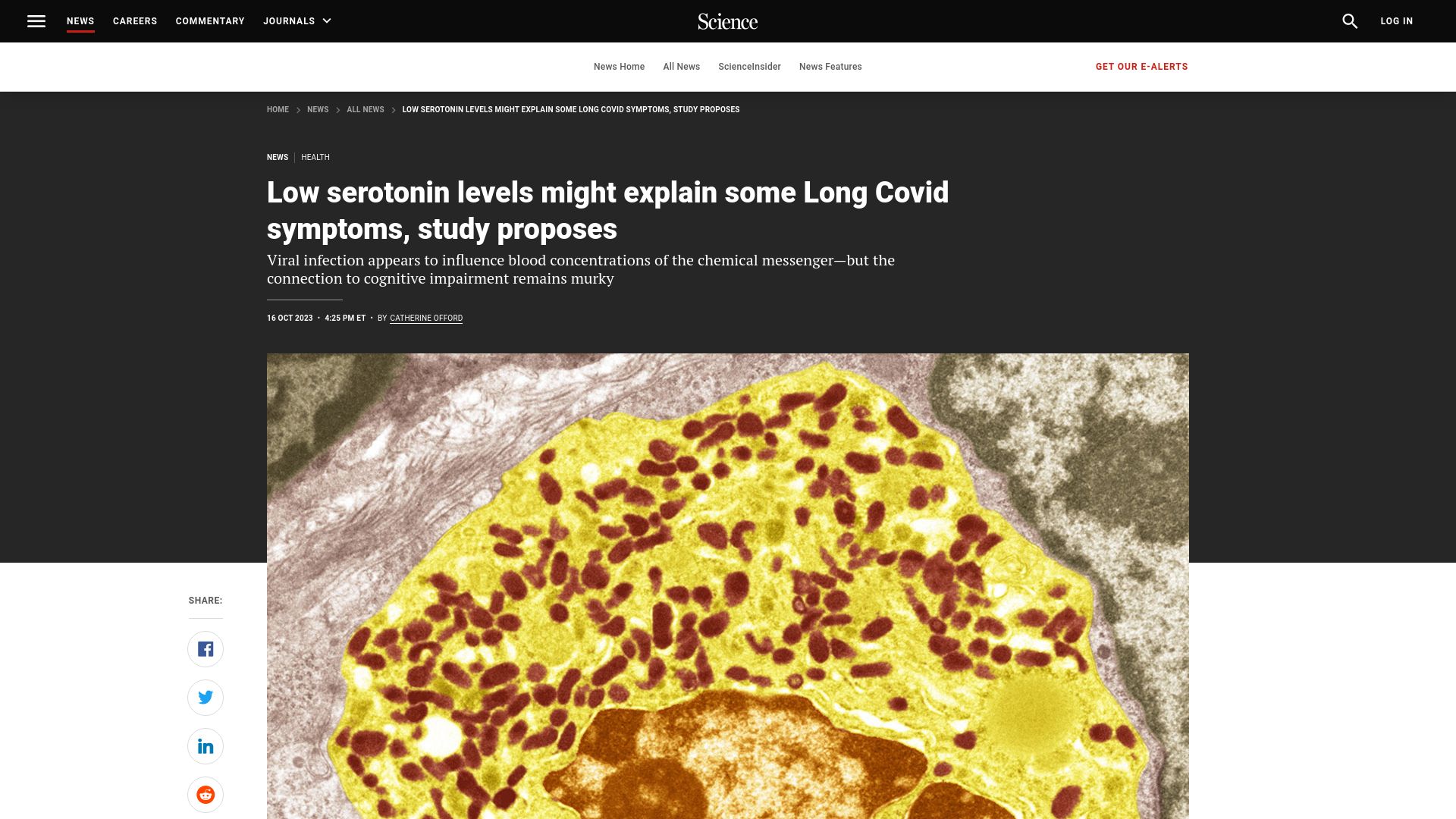 Screenshot of science.org: Low serotonin levels might explain some Long Covid symptoms, study proposes