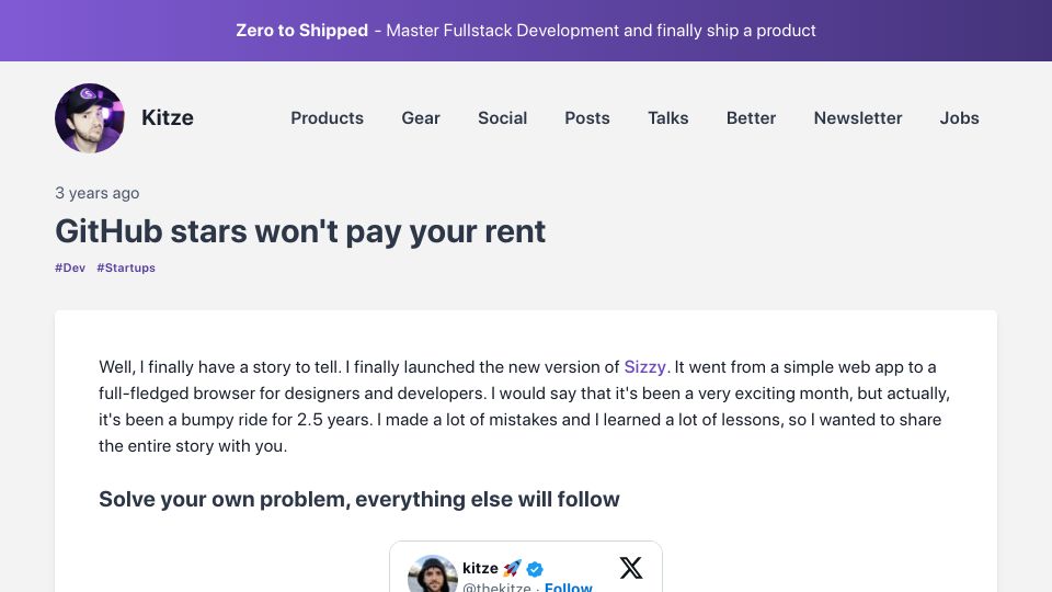 Screenshot of kitze.io: GitHub stars won't pay your rent (2020)