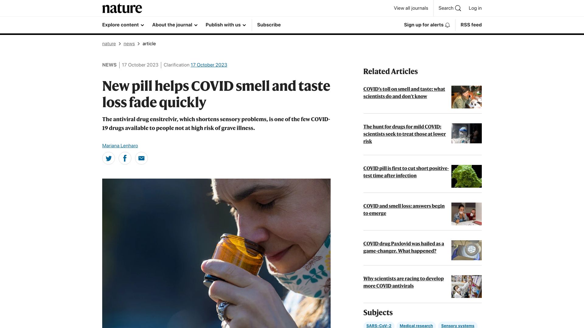 Screenshot of nature.com: New pill helps Covid smell and taste loss fade quickly