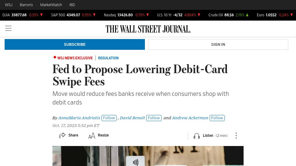 Screenshot of wsj.com: Fed to Propose Lowering Debit-Card Swipe Fees