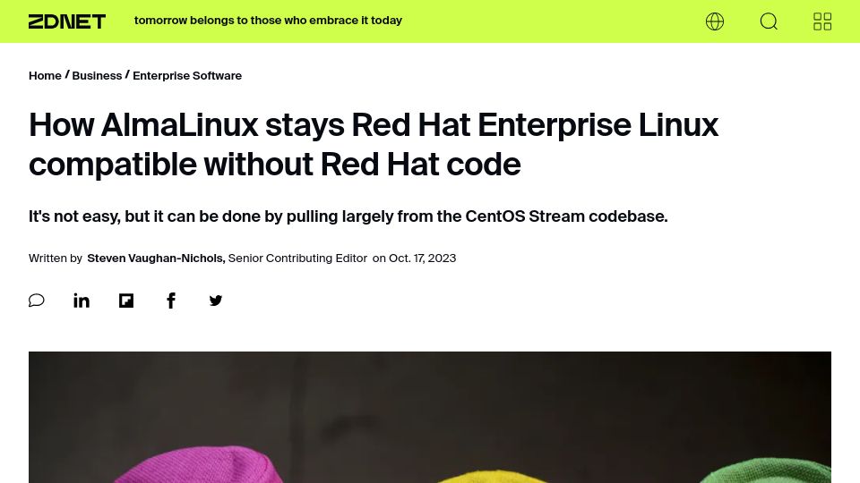 Screenshot of zdnet.com: AlmaLinux stays Red Hat Enterprise Linux compatible without Red Hat code
