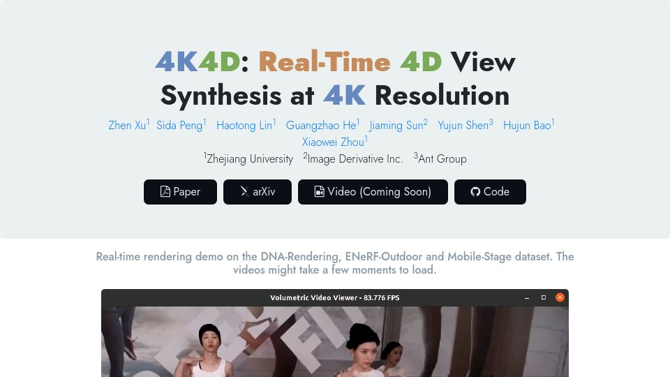 Screenshot of zju3dv.github.io: 4K4D: Real-Time 4D View Synthesis at 4K Resolution