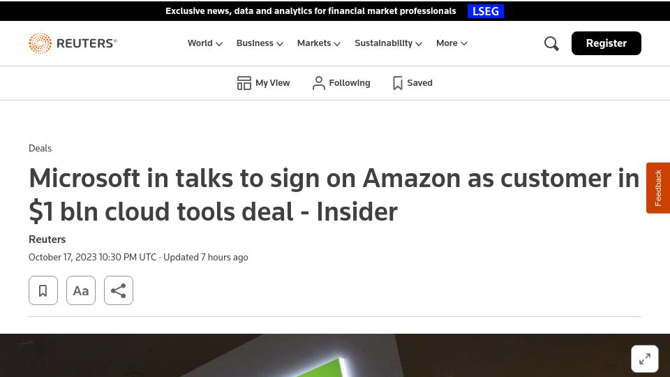 Screenshot of reuters.com: Microsoft in talks to sign on Amazon as customer in $1B cloud tools deal