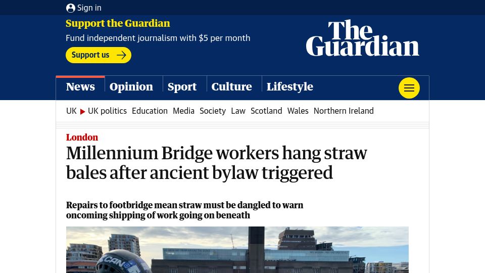 Screenshot of theguardian.com: Millennium Bridge workers hang straw bales after ancient bylaw triggered
