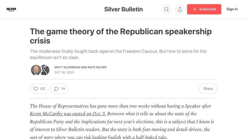 Screenshot of natesilver.net: The game theory of the Republican speakership crisis