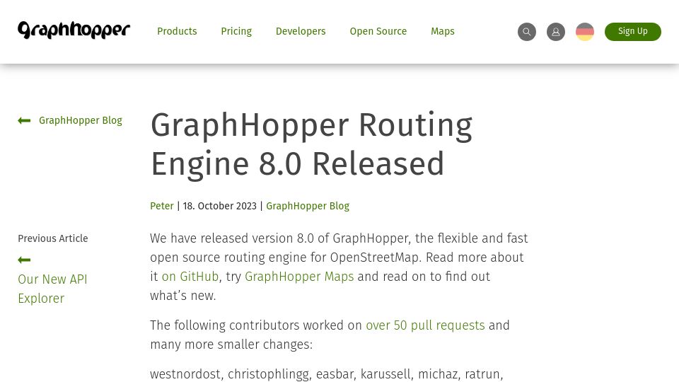 Screenshot of graphhopper.com: The Open Source GraphHopper Routing Engine 8.0 Released