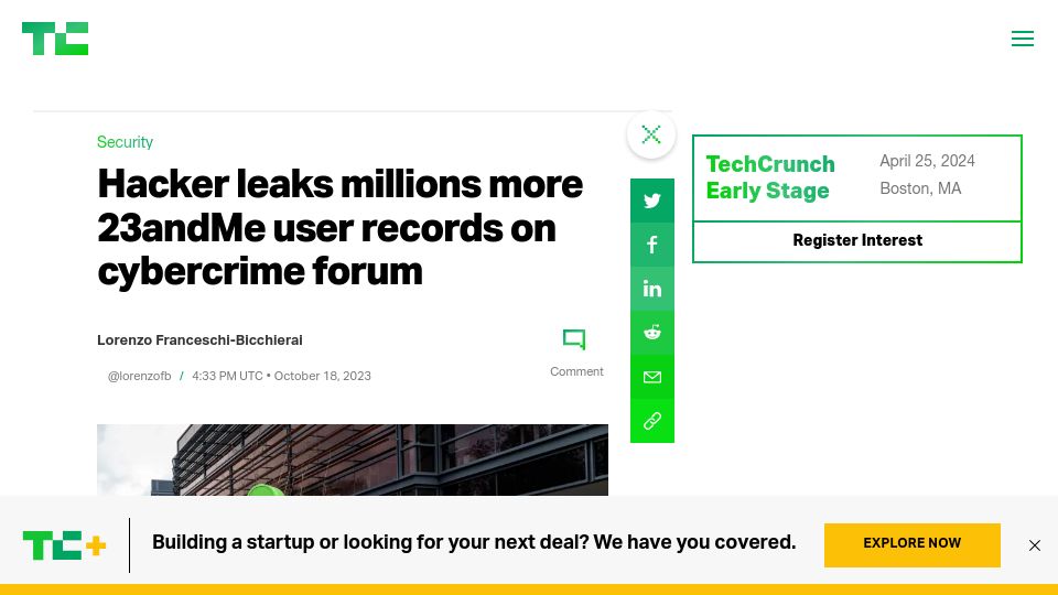 Screenshot of techcrunch.com: Hacker leaks millions more 23andMe user records on cybercrime forum