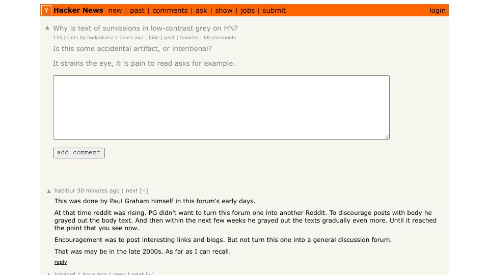 Screenshot of Hacker News post: Why is text of sumissions in low-contrast grey on HN?