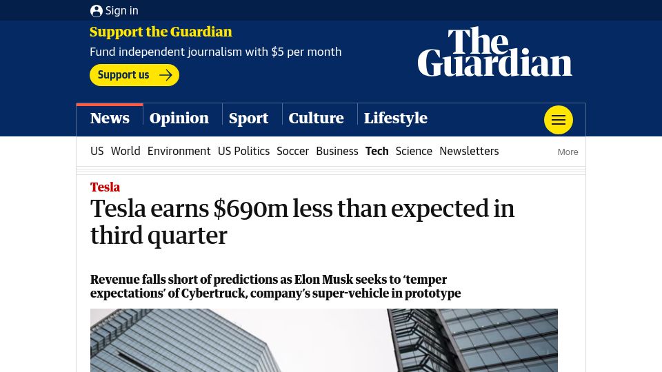 Screenshot of theguardian.com: Tesla earns $690M less than expected in third quarter