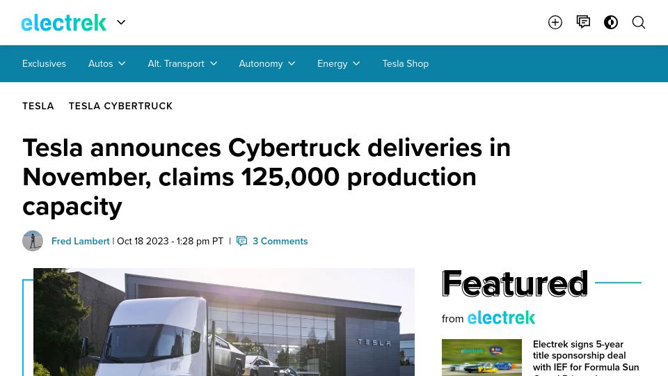 Screenshot of electrek.co: Tesla announces Cybertruck deliveries in November, with 125k production capacity