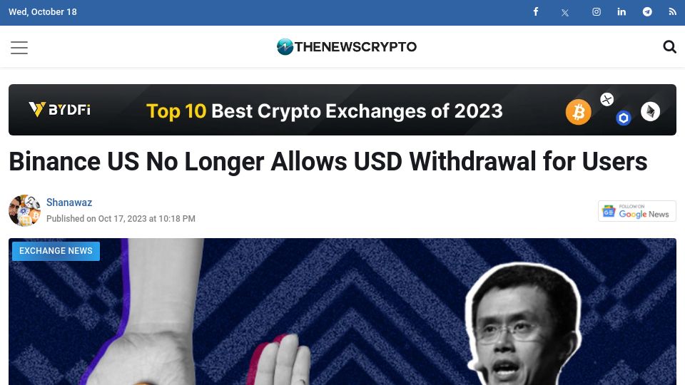 Screenshot of thenewscrypto.com: Binance US No Longer Allows USD Withdrawal for Users