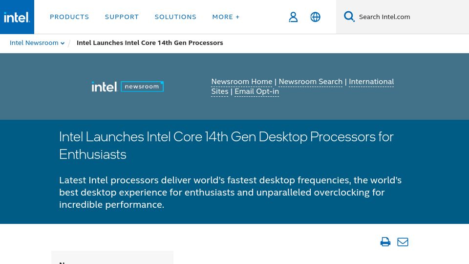 Screenshot of intel.com: Intel Launches Intel Core 14th Gen Desktop Processors for Enthusiasts