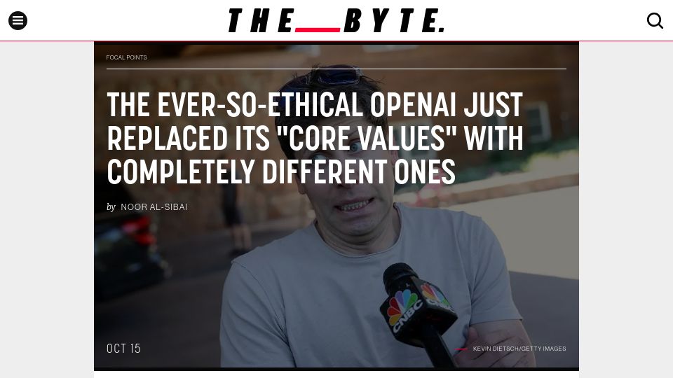 Screenshot of futurism.com: OpenAI just replaced its core values with completely different ones