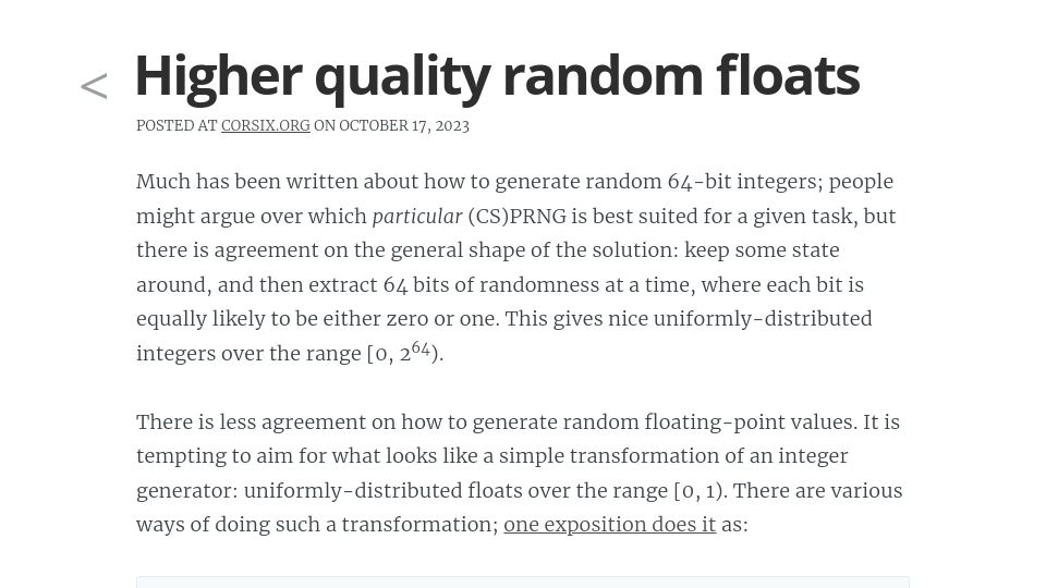 Screenshot of corsix.org: Higher quality random floats