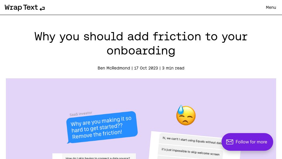 Screenshot of wraptext.equals.com: Add Friction to Your Onboarding