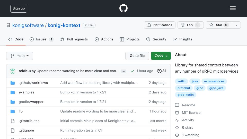 Screenshot of github.com: gRPC request context which caries values across microservice boundaries
