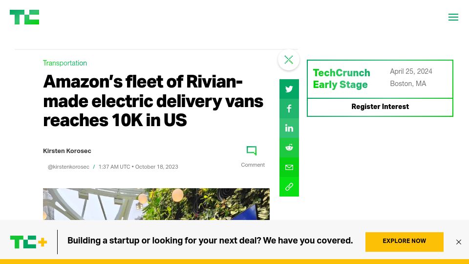 Screenshot of techcrunch.com: Amazon reaches 10k Rivian electric delivery vans in US