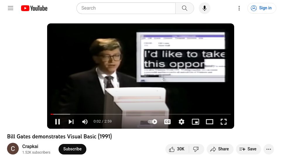 Screenshot of youtube.com: Bill Gates demonstrates Visual Basic (1991) [video]