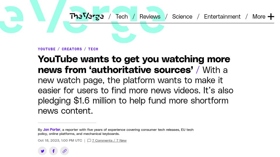 Screenshot of theverge.com: YouTube wants to get you watching more news from 'authoritative sources'
