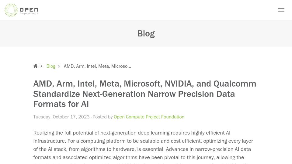 Screenshot of opencompute.org: Standardizing next-generation narrow precision data formats for AI