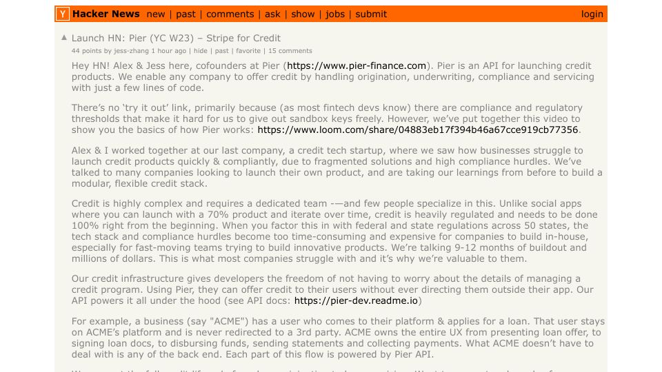 Screenshot of Hacker News post: Launch HN: Pier (YC W23) – Stripe for Credit