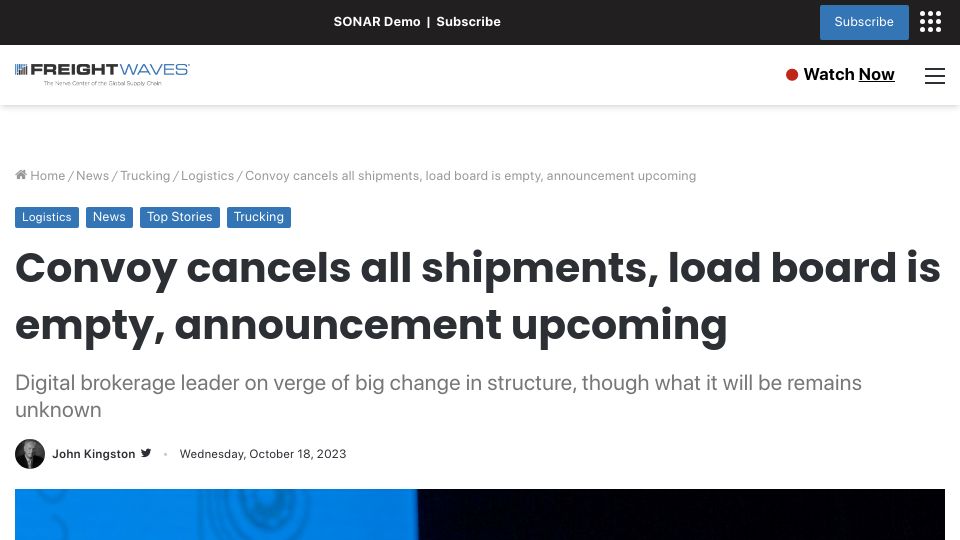 Screenshot of freightwaves.com: Convoy cancels all shipments, load board is empty, announcement upcoming