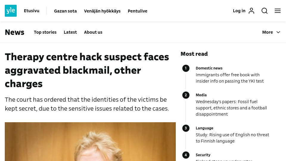 Screenshot of yle.fi: Therapy centre hack suspect faces aggravated blackmail, other charges