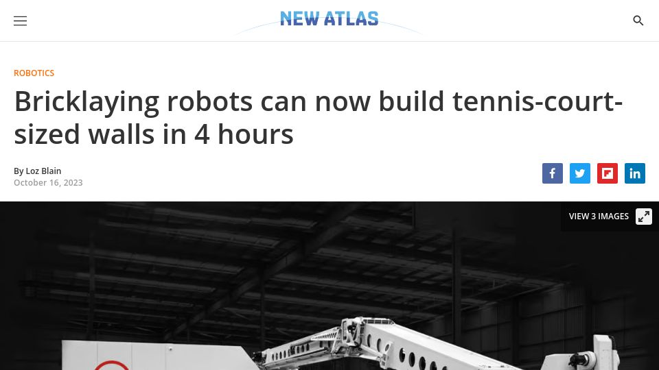 Screenshot of newatlas.com: Bricklaying robots can now build tennis-court-sized walls in 4 hours