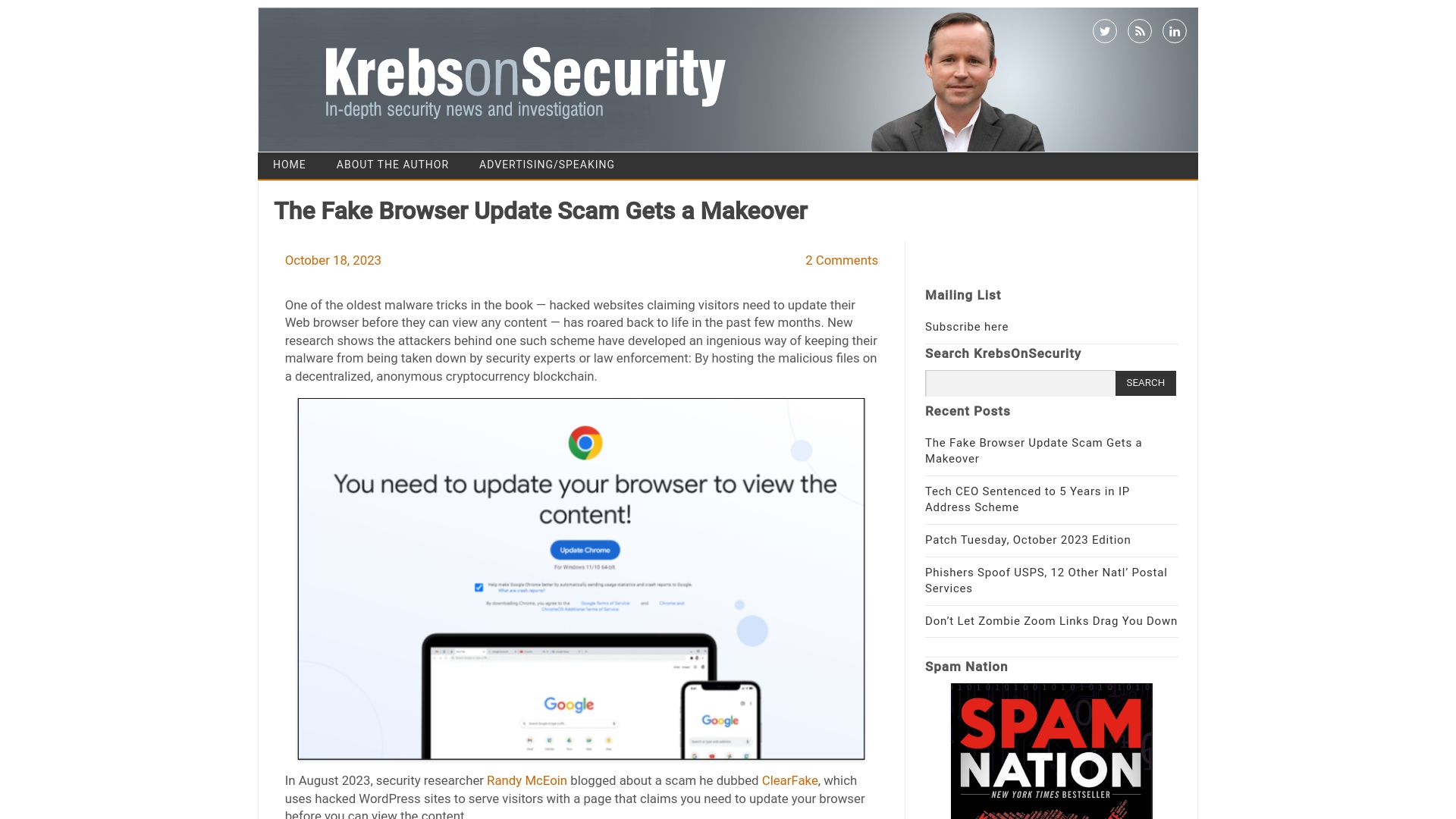 Screenshot of krebsonsecurity.com: The fake browser update scam gets a makeover
