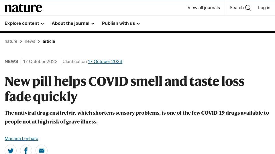 Screenshot of nature.com: New pill helps Covid smell and taste loss fade quickly